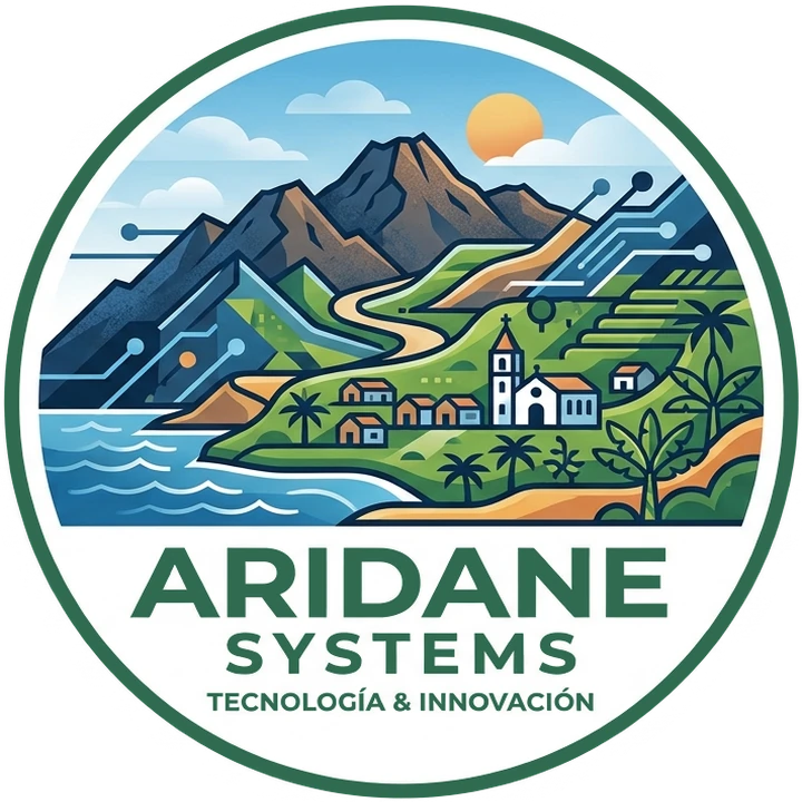 Logotipo de Aridane Systems: paisaje de La Palma con circuitos y el nombre de la empresa